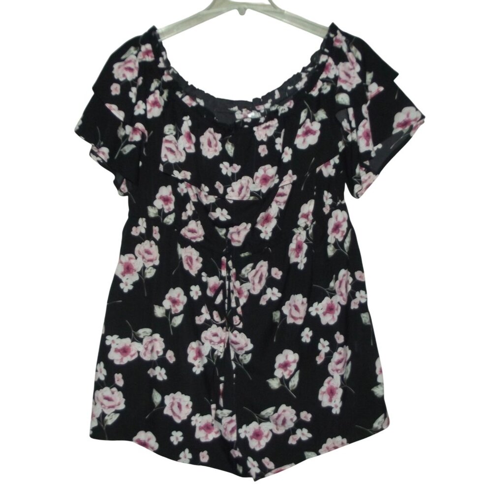 Rose Gal  Romper Womens 4XL Floral Off-Shoulder Black Pink Ruffle Short Sleeve